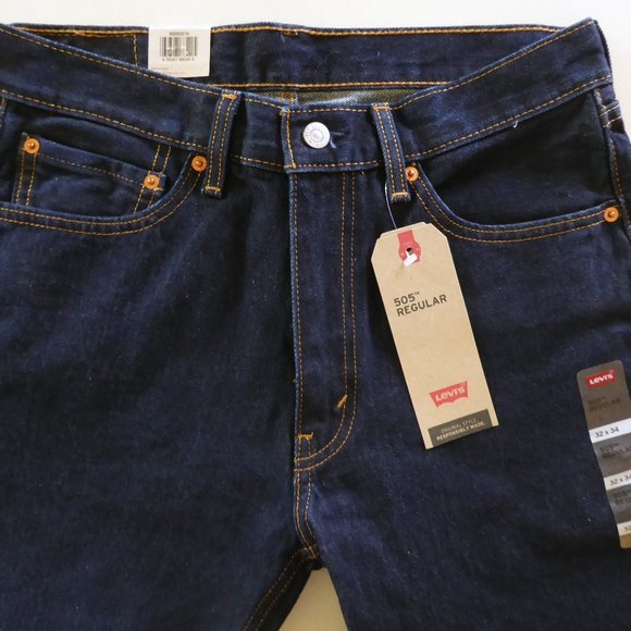 LEVI’S 505 MENS REGULAR FIT STRAIGHT LEG 32 x 34 DARK BLUE WASH (NEW WITH TAGS) - Picture 2 of 7